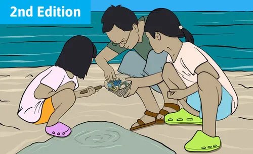 Illustration of a dad and his two daughters. They are looking at sand and shells on a beach.