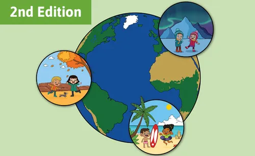 Illustration of surrounding a fourth center circle. The center circle has an image of Earth showing eastern parts of North America, South America, and the western side of Africa. The surrounding circles have diverse groups of children. Circle one has two children and a small dog playing in fall leaves. Circle two has two children standing on a snowy field with a mountain and the Aurora Borealis in the background. Circle three has two children on a beach with palm trees and ocean in the background. One child is holding a surf board.