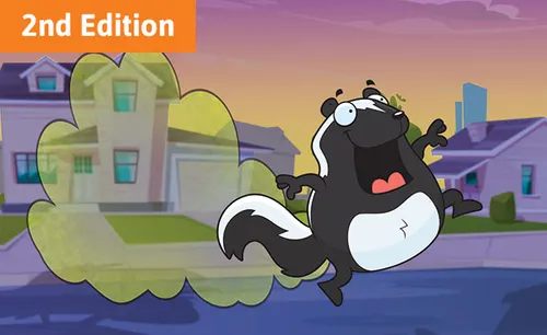 Illustration of a happy cartoon skunk walking through a neighborhood. There is an odor in a green cloud eminating from the skunk.