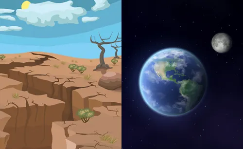 Illustration in two parts. One half a desert with a large crack running through it. The other half is of Earth and the Moon in space.