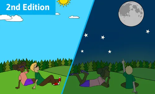Split illustration of two children sitting on a lawn looking at the sky. On the left side, they're looking at a blue sky with clouds. On the right side, they're looking at a night sky with a full moon and stars.