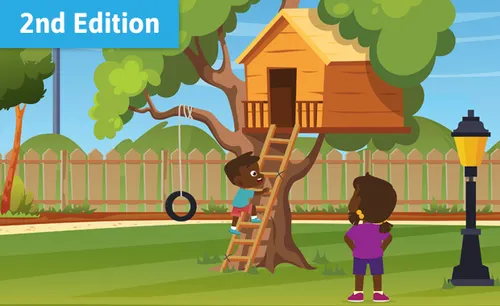 Illustration of a treehouse in a yard. There is a child climbing a ladder up to the treehouse, while his sister watches him from the ground.