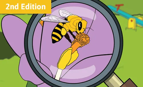 Illustration of a bee on a yellow flower as viewed through a magnifying lens.
