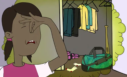 Illustration of a girl holding her nose. Her closet is in the background and her gym bag is eminating a strong odor that's indicated by a green cloud.